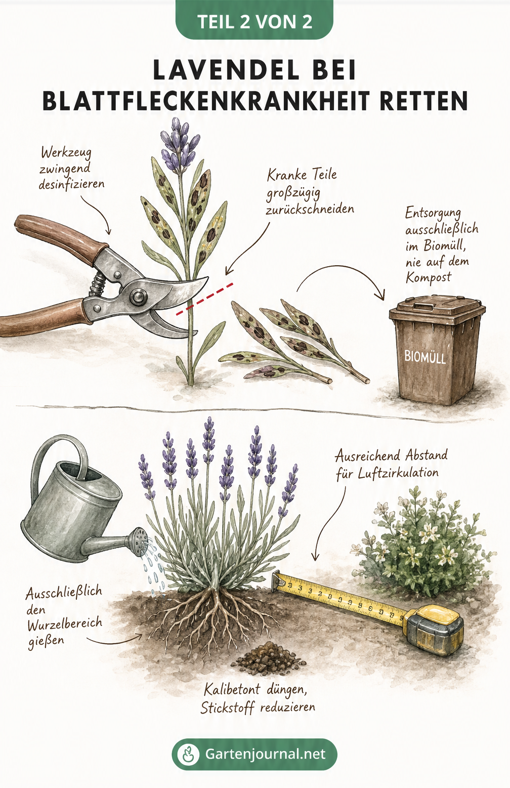 Zeichnung zur Behandlung und Vorbeugung der Blattfleckenkrankheit bei Lavendel: Rückschnitt mit desinfizierter Schere, Entsorgung im Biomüll und richtiges...