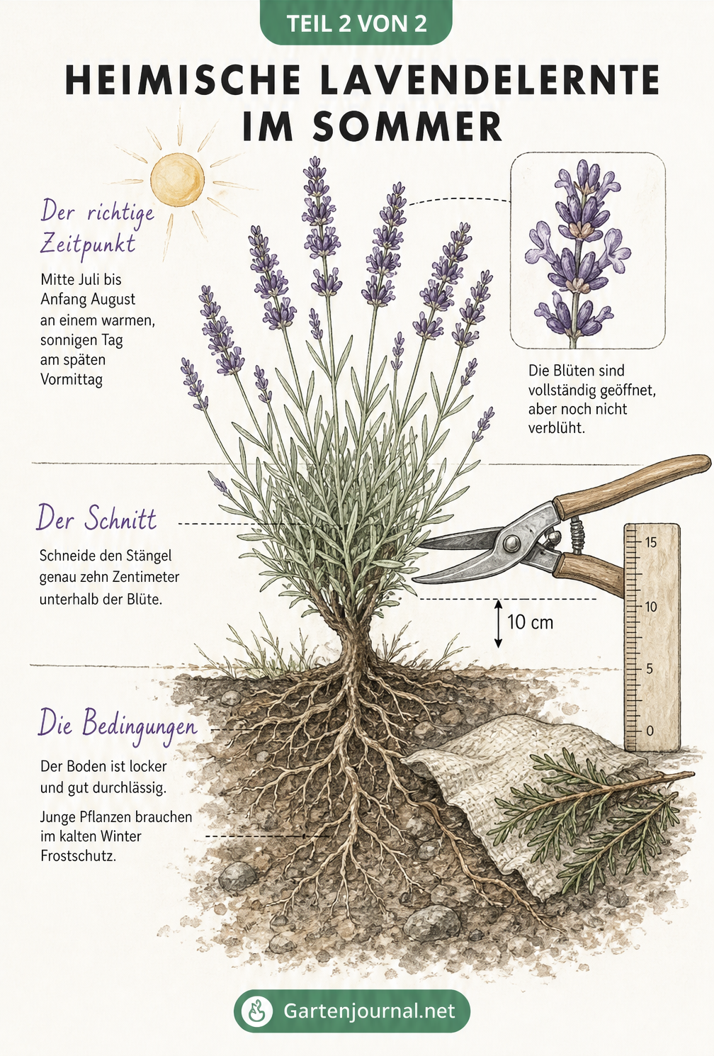 Botanische Illustration eines Lavendelstrauchs mit Erklärungen zum idealen Erntezeitpunkt, dem richtigen Schnittpunkt und den Bodenbedingungen.