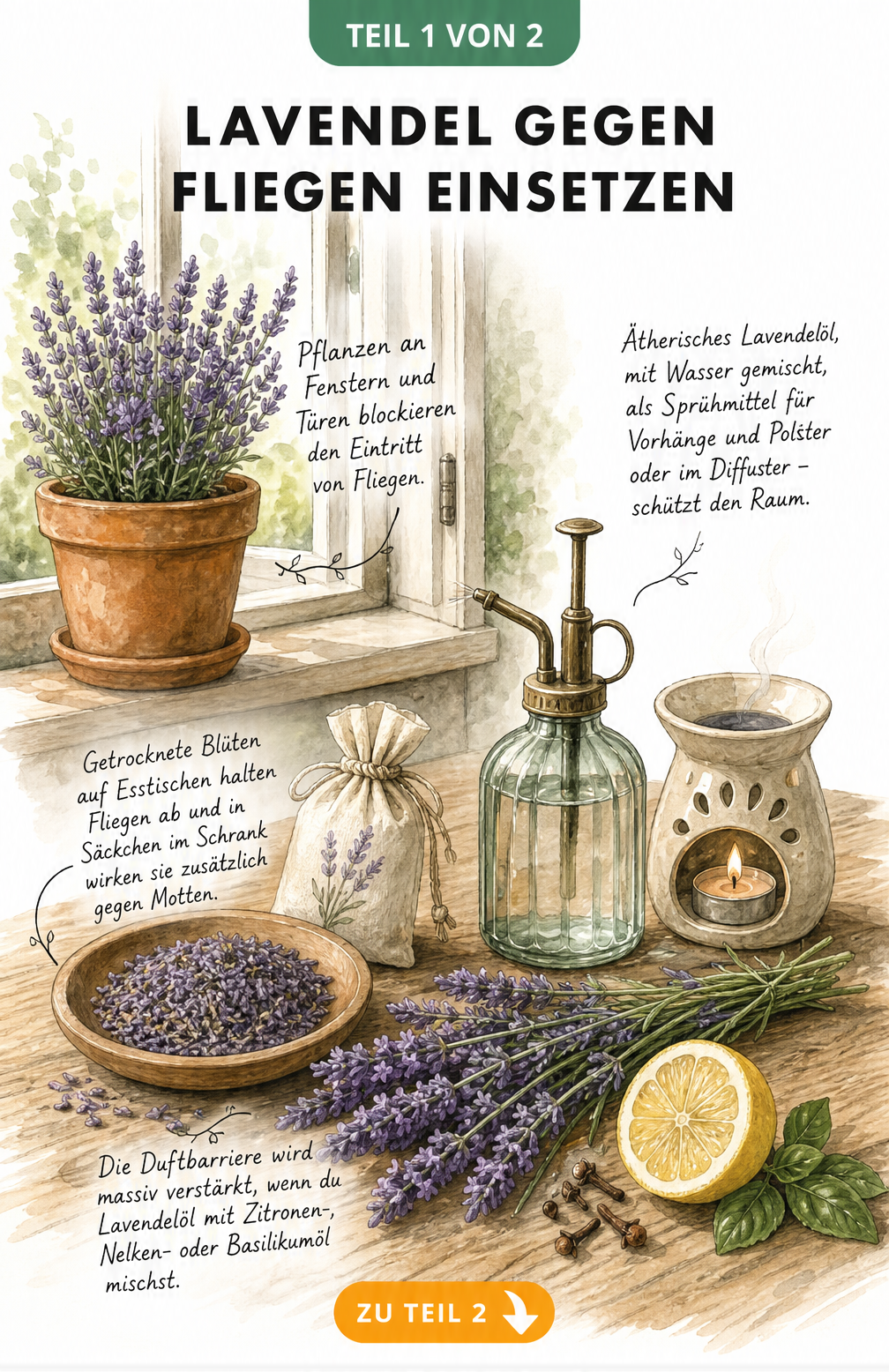Illustration von Lavendel auf einem Tisch und Fensterbrett mit Erklärungen zur Fliegenabwehr durch getrocknete Blüten und Lavendelöl
