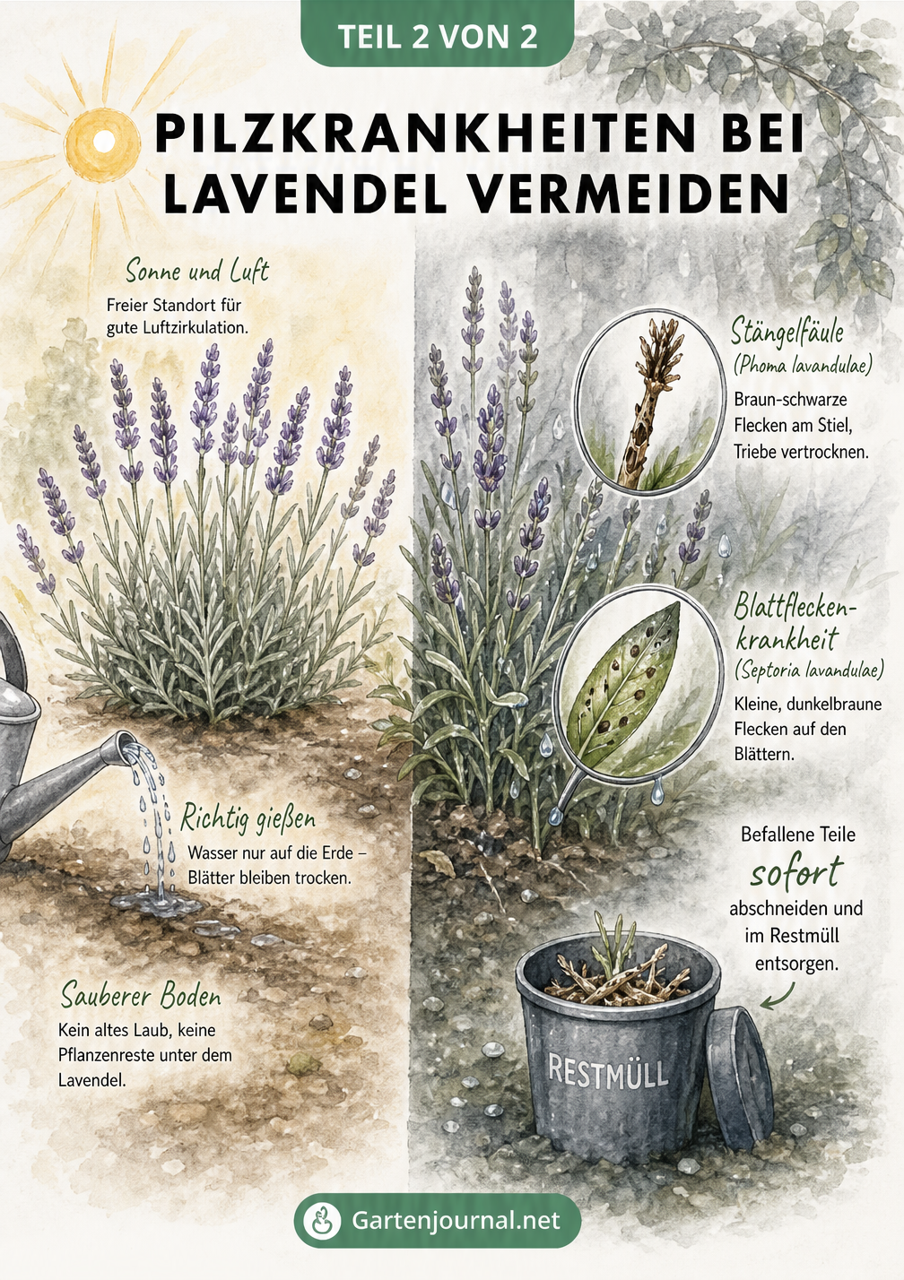 Aquarell-Illustration zweier Lavendelpflanzen im Vergleich: Ein gesunder Lavendel an einem sonnigen, luftigen Standort und ein kranker Lavendel mit...