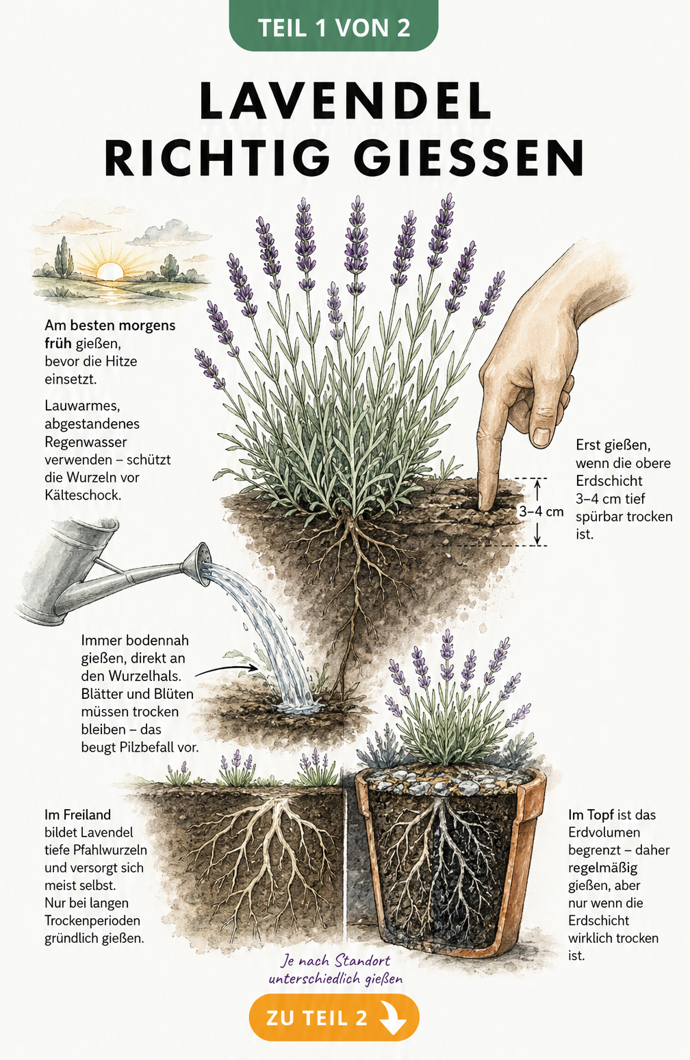 Illustration einer Lavendelpflanze, die zeigt, wie man richtig gießt: morgens, bodennah und erst bei trockener Erde.