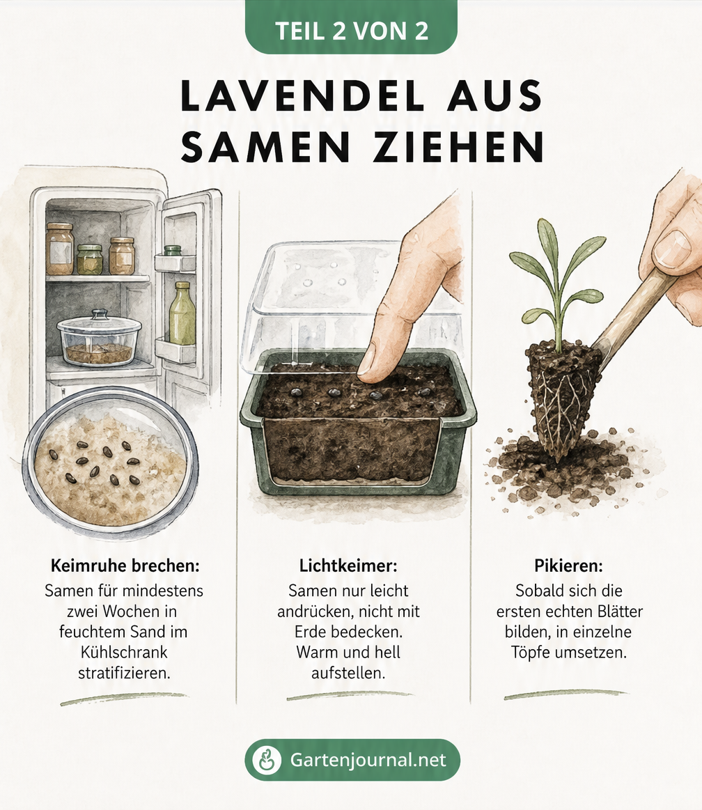 Skizze: Lavendelsamen im Kühlschrank stratifizieren, in Anzuchtschale säen und Sämling pikieren