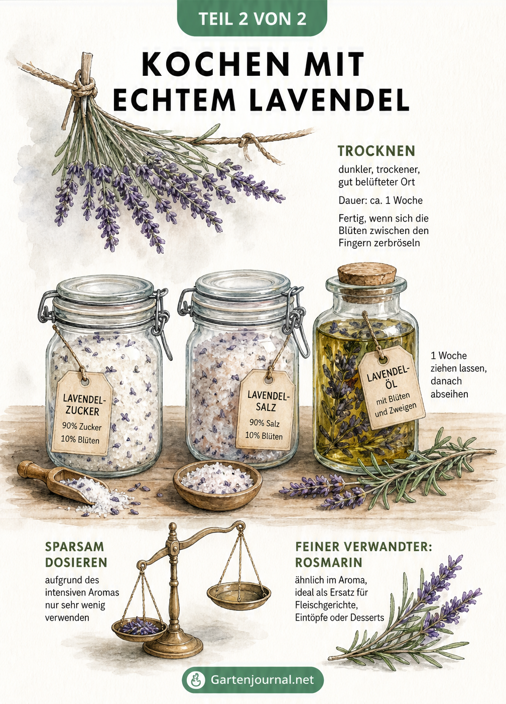Illustration zur Trocknung von Lavendel und Herstellung von Lavendelzucker, Lavendelsalz und Lavendelöl