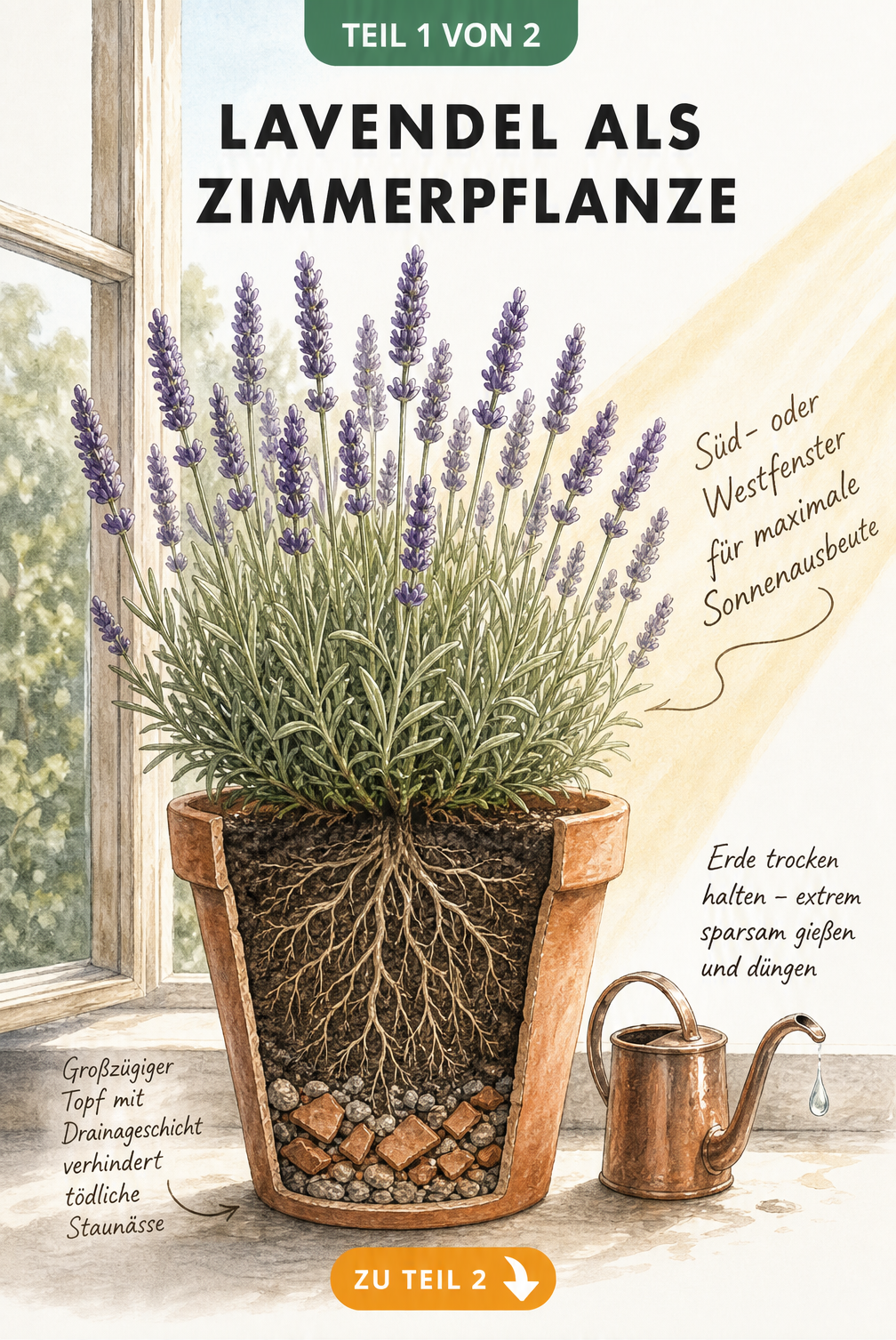 Illustration eines Lavendels im Terrakotta-Topf auf einer Fensterbank mit Schnittzeichnung der Drainageschicht
