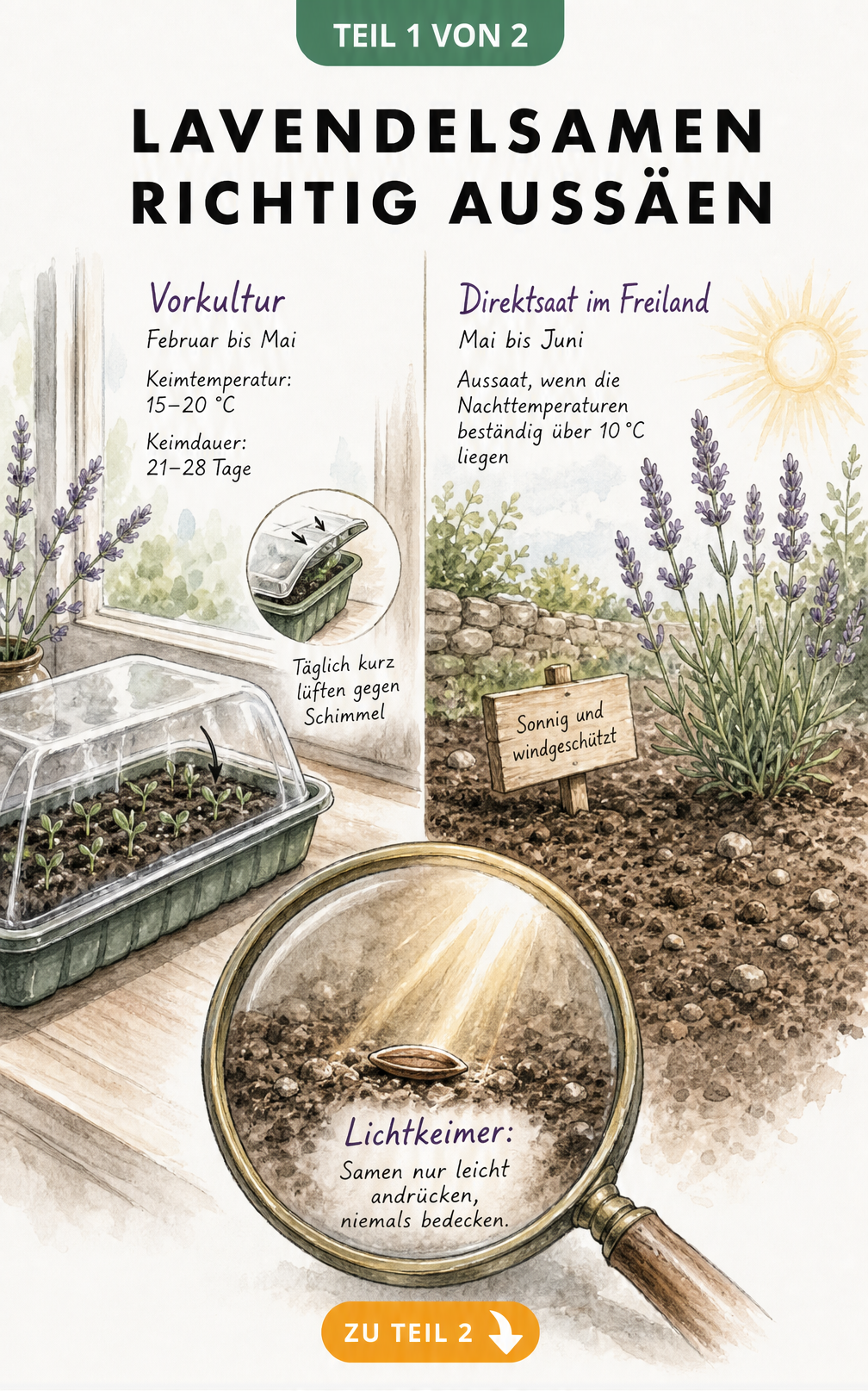 Botanische Illustration zur Aussaat von Lavendelsamen: Vorkultur auf der Fensterbank und Direktsaat im Freiland im Vergleich.