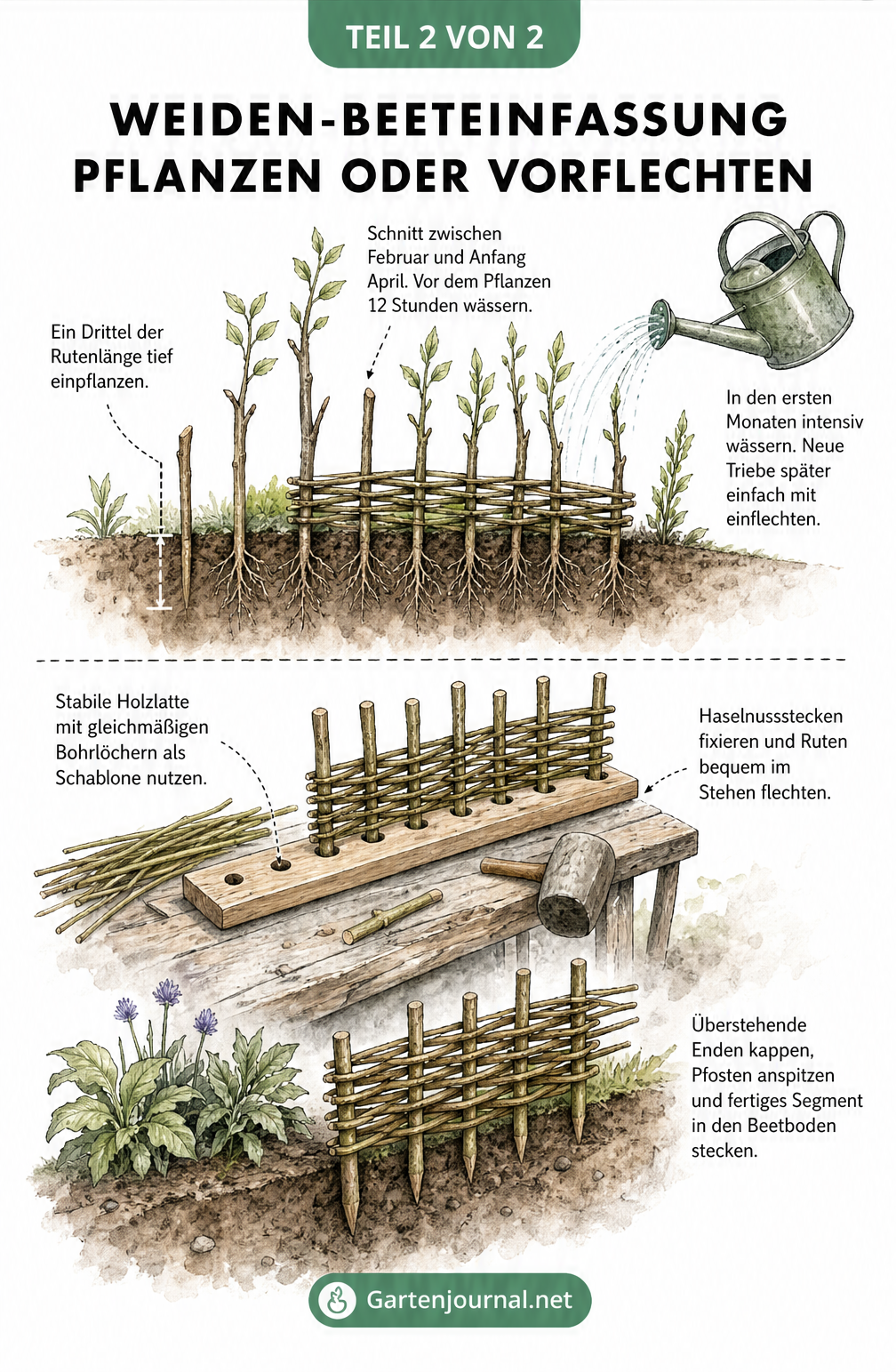 Illustration einer lebenden Weiden-Beeteinfassung und der Segment-Methode zum Vorflechten