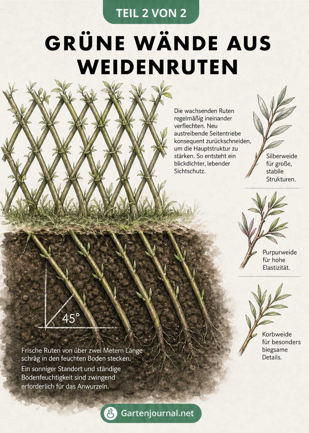 Querschnitt-Illustration eines lebenden Weidenzauns: Frische Ruten im 45-Grad-Winkel in feuchter Erde, oben zu einem Rautenmuster verflochten.