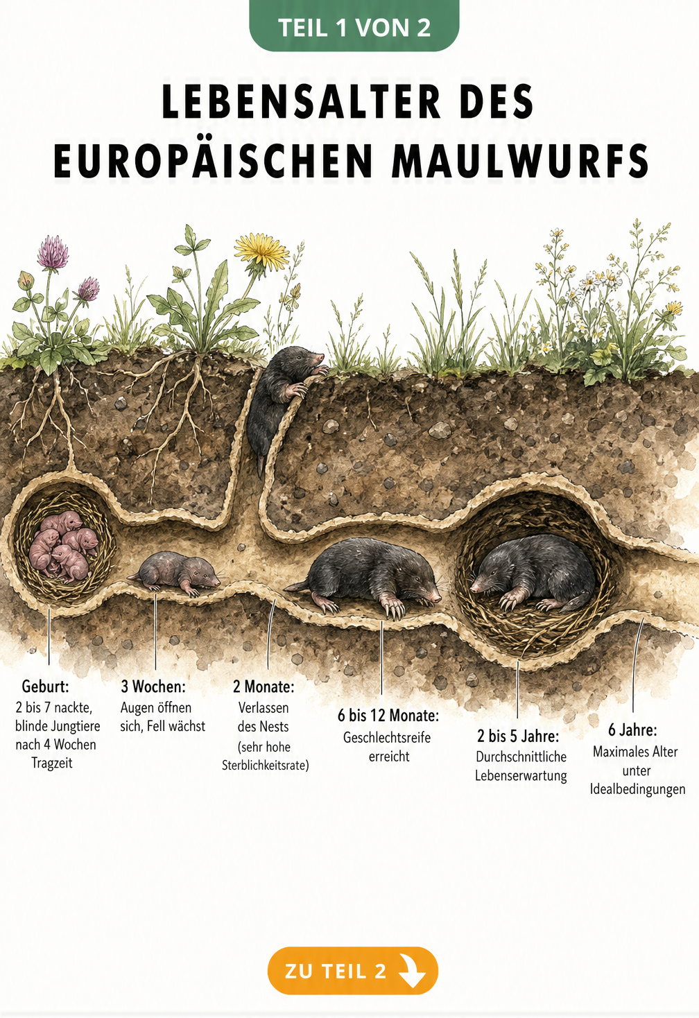 Zeitstrahl der Lebensphasen eines Europäischen Maulwurfs von der Geburt bis zum Alter von 6 Jahren