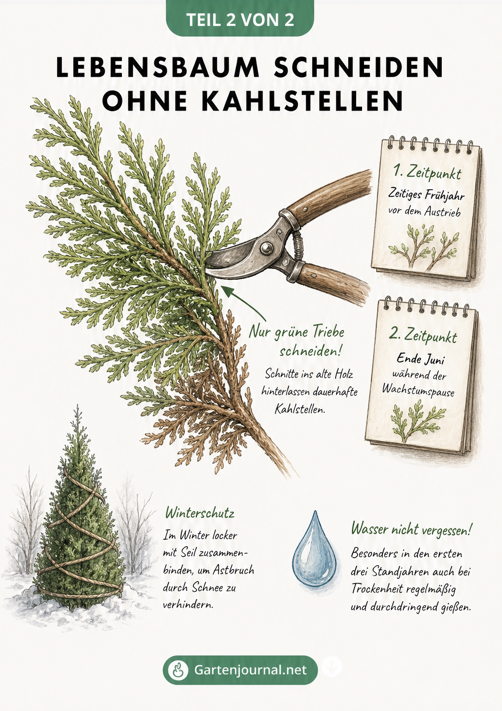 Nahaufnahme eines Lebensbaum-Zweiges mit Gartenschere, die den Schnitt im grünen Bereich markiert