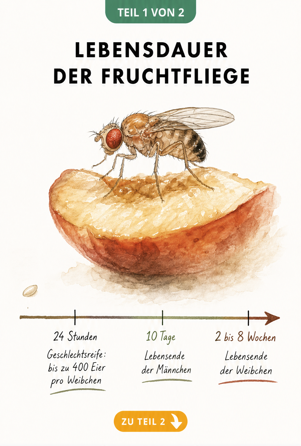 Handgezeichneter Zeitstrahl zur Lebensdauer der Fruchtfliege von der Eiablage bis zum Lebensende