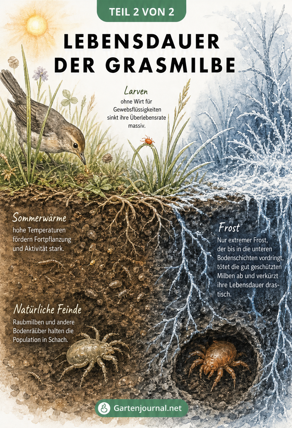 Illustration der Einflüsse auf die Lebensdauer von Grasmilben durch Sommerhitze, natürliche Feinde und Winterfrost