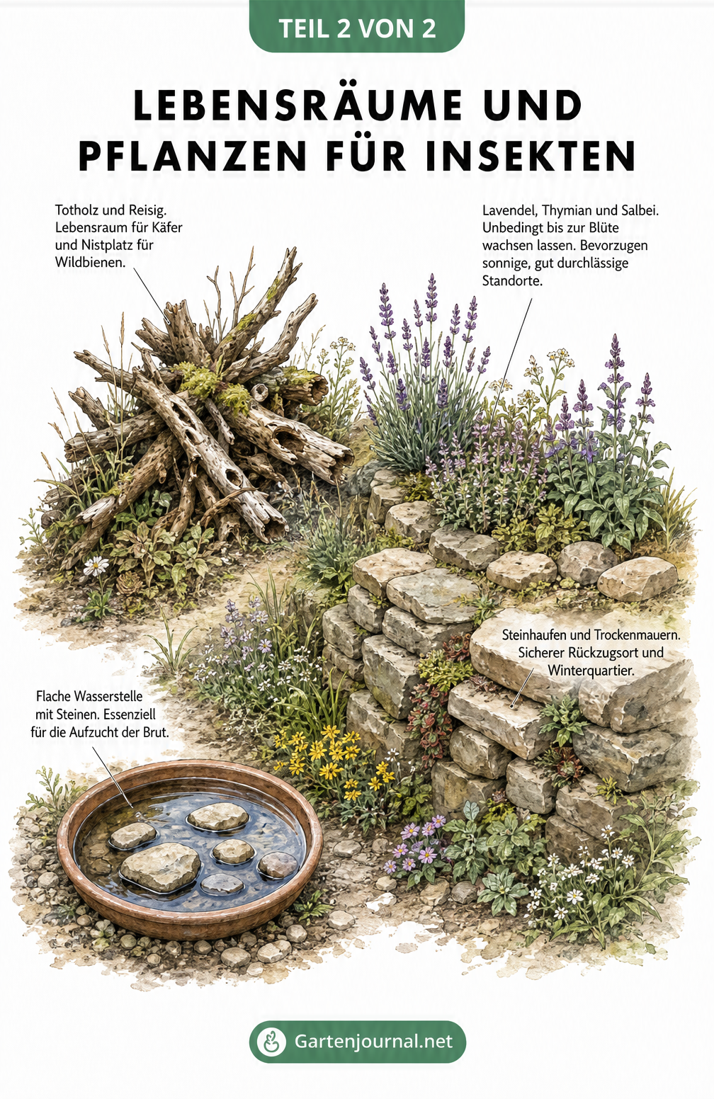 Zeichnung einer naturnahen Gartenecke mit Totholzhaufen, Wasserstelle, Trockenmauer und Kräuterbeet