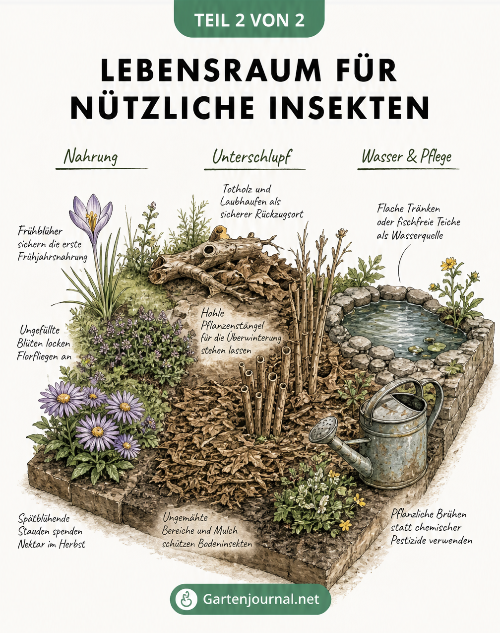 Isometrische Zeichnung eines Gartenbeets mit Zonen für Nahrung, Unterschlupf und Wasser für Insekten
