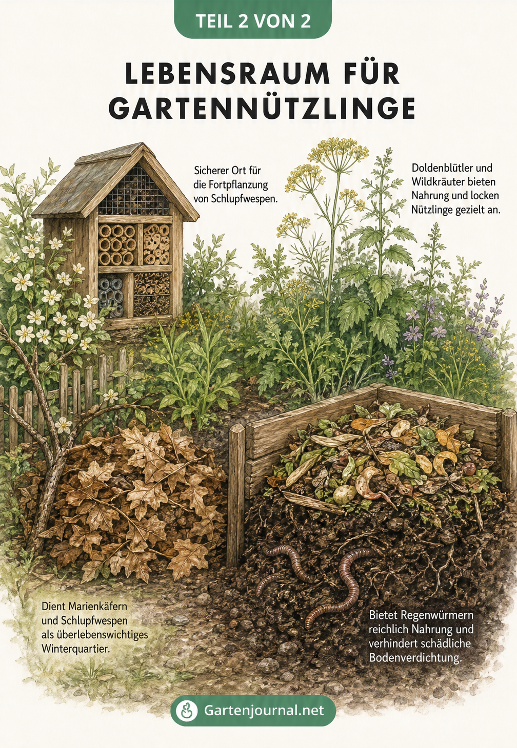 Isometrische Ansicht einer naturnahen Gartenecke mit Insektenhotel, Kompost und Laubhaufen