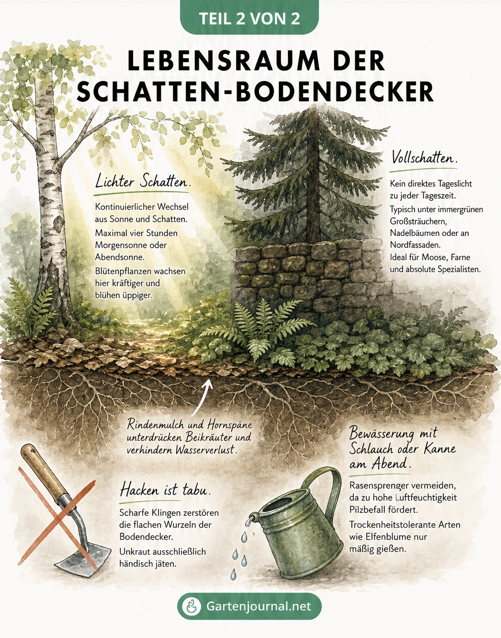Querschnitt durch einen Garten mit lichter und vollschattiger Zone, Wurzeln von Bodendeckern und Pflegetipps