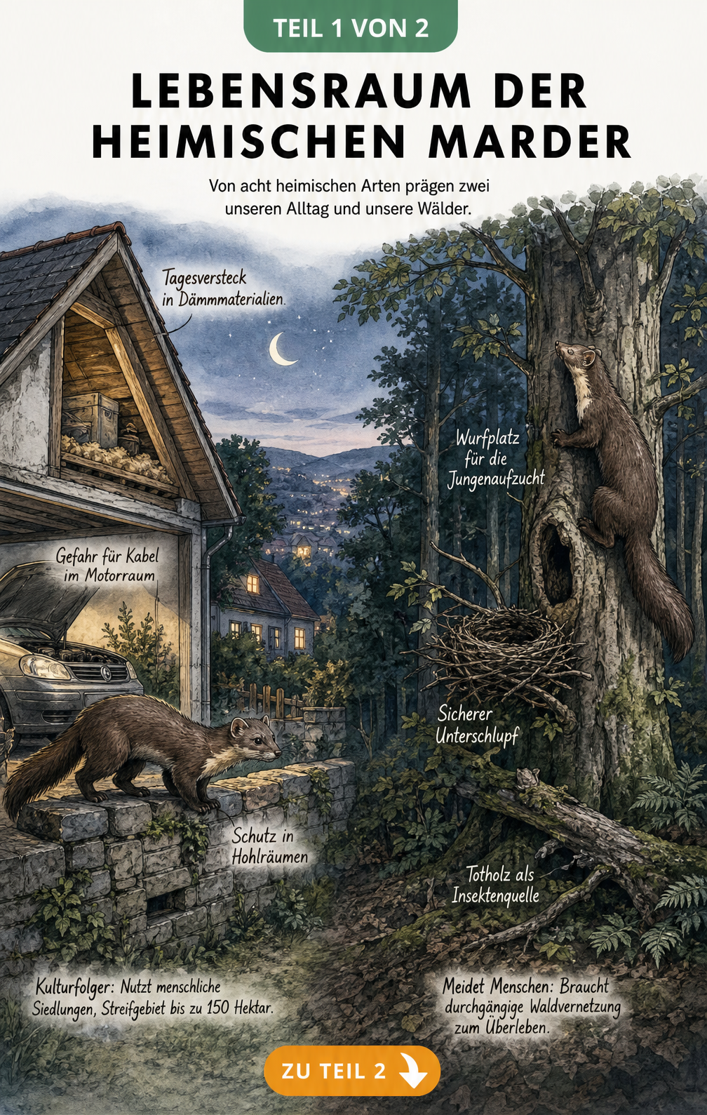 Illustration der Lebensräume von Steinmarder und Baummarder, geteilt in urbane Siedlung und tiefen Wald