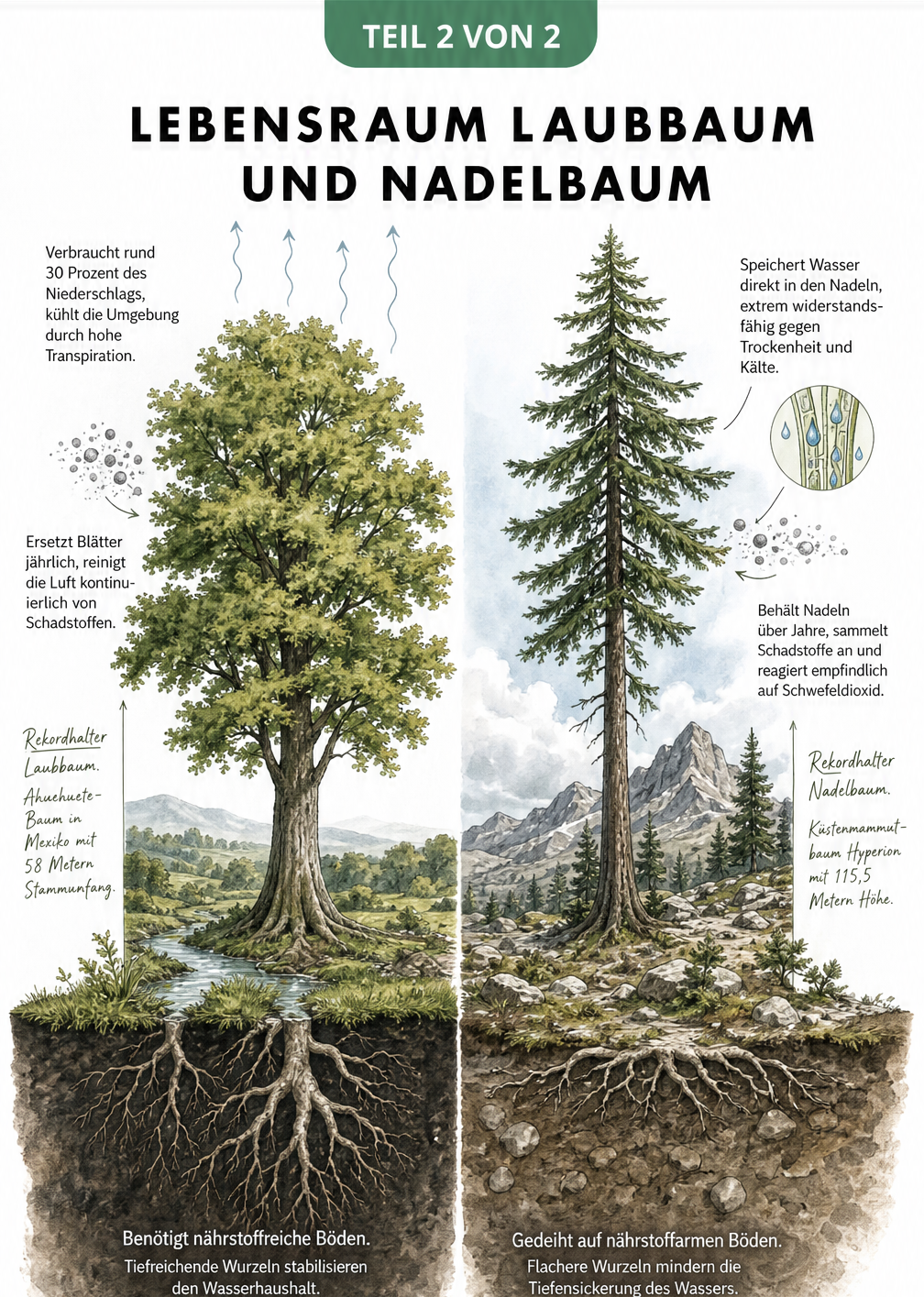 Querschnitt-Grafik der Lebensräume von Laubbaum und Nadelbaum mit Wurzelsystemen und Bodenbeschaffenheit