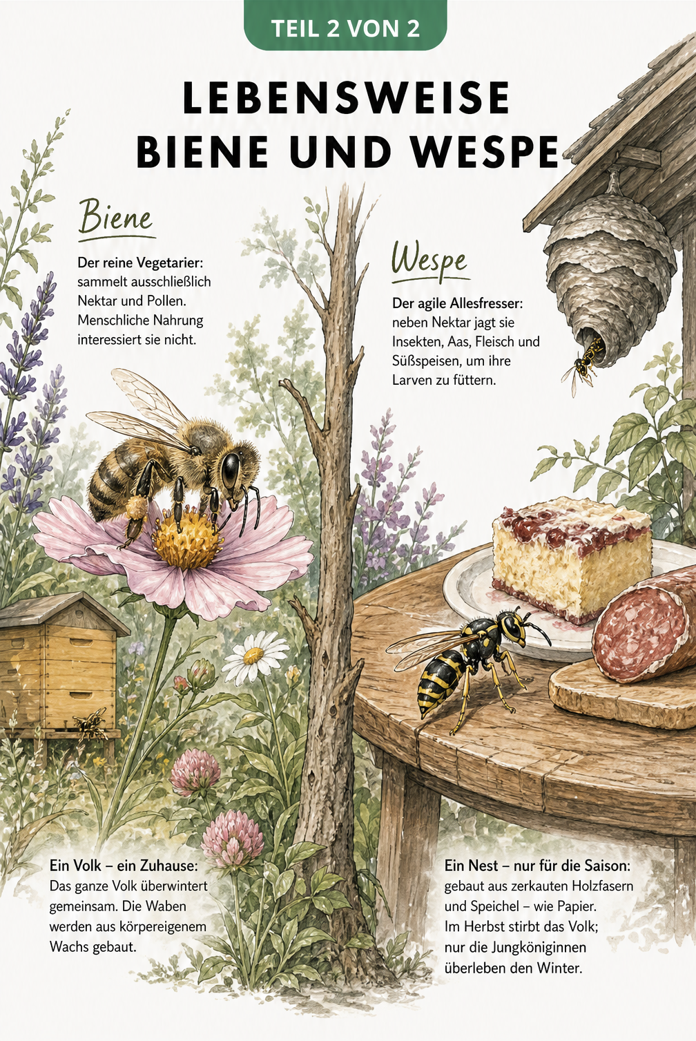 Illustration der Lebensräume von Biene und Wespe mit Bienenstock, Wespennest und Nahrungsquellen