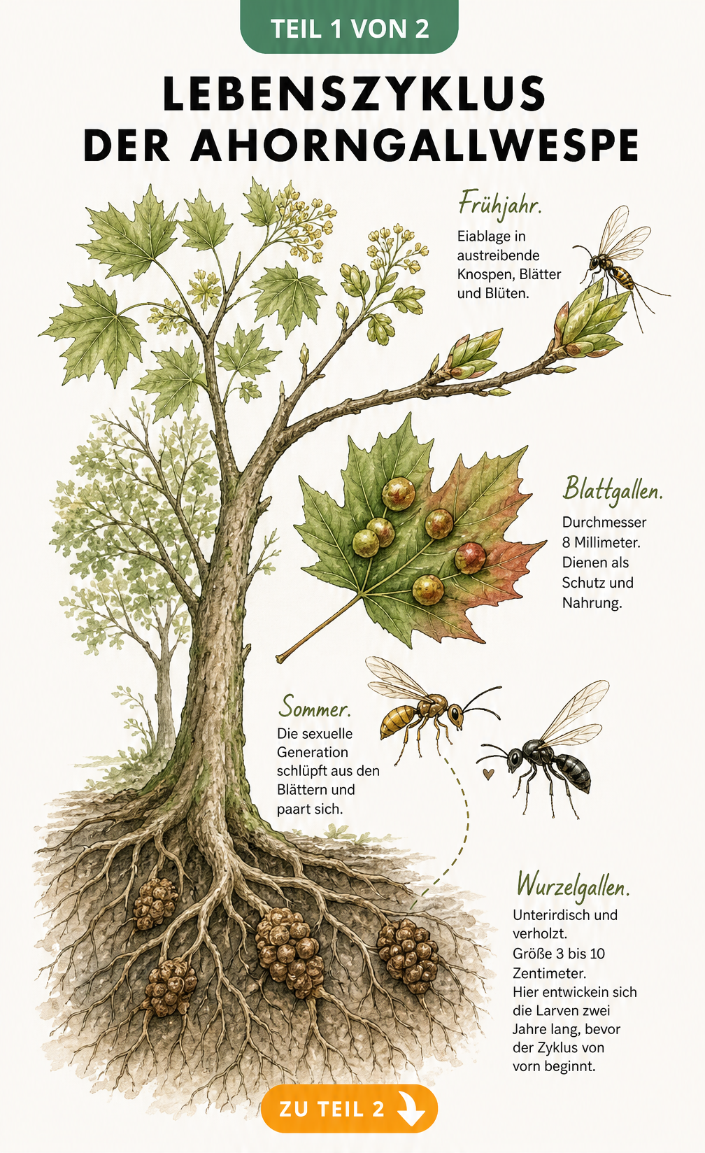 Botanische Illustration des Lebenszyklus der Ahorngallwespe am Bergahorn mit Blattgallen und Wurzelgallen