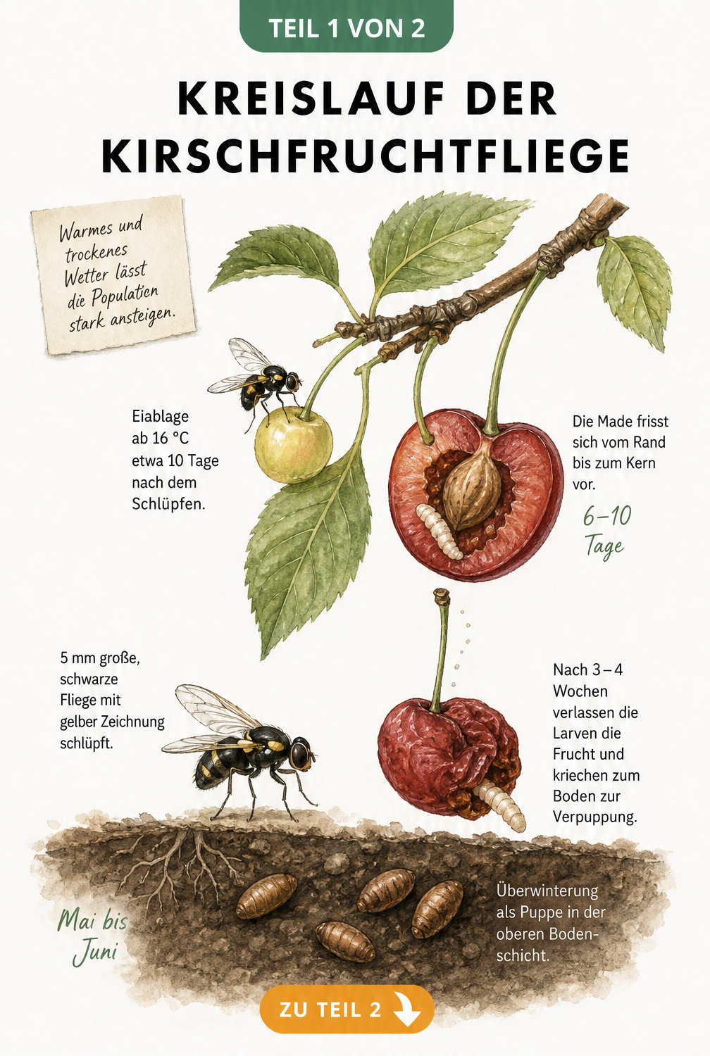 Illustration des Lebenszyklus der Kirschfruchtfliege vom Boden bis zur Kirsche