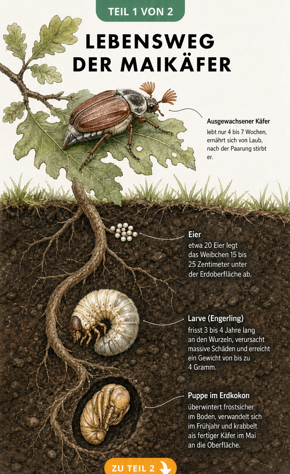 Illustration des Lebenszyklus eines Maikäfers von der Eiablage über die Larve bis zum erwachsenen Käfer