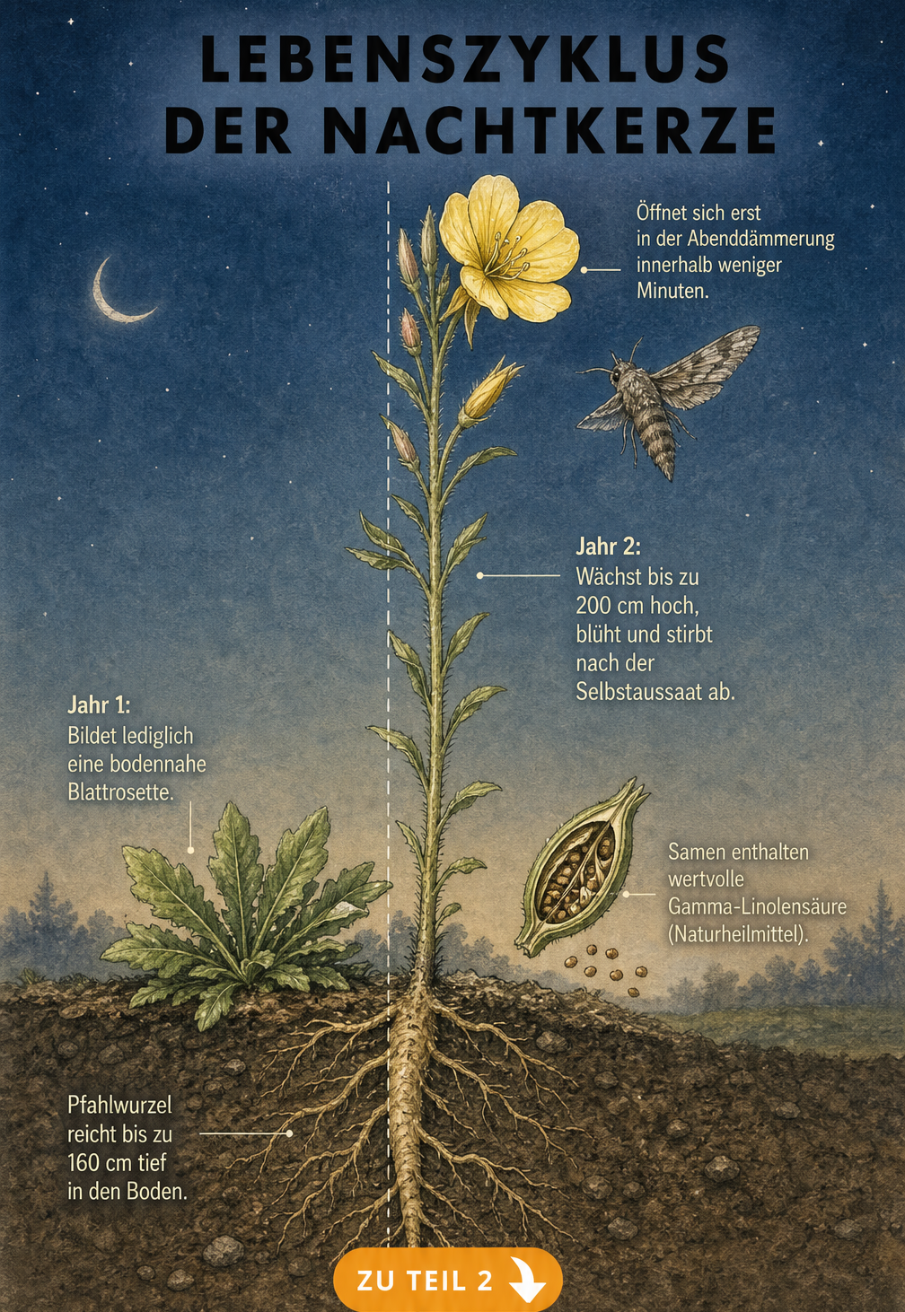 Illustration des Lebenszyklus der Nachtkerze im ersten und zweiten Jahr mit Wurzel und Blüte