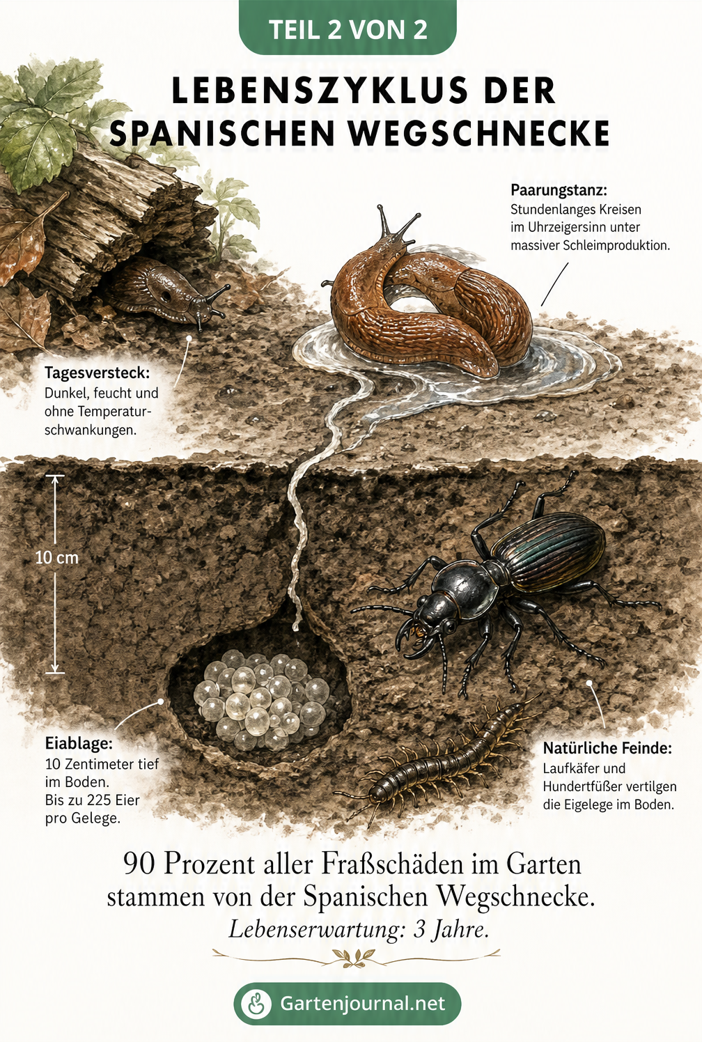 Lebenszyklus der Spanischen Wegschnecke vom Tagesversteck über die Paarung bis zur Eiablage im Boden und natürlichen Feinden wie dem Laufkäfer.