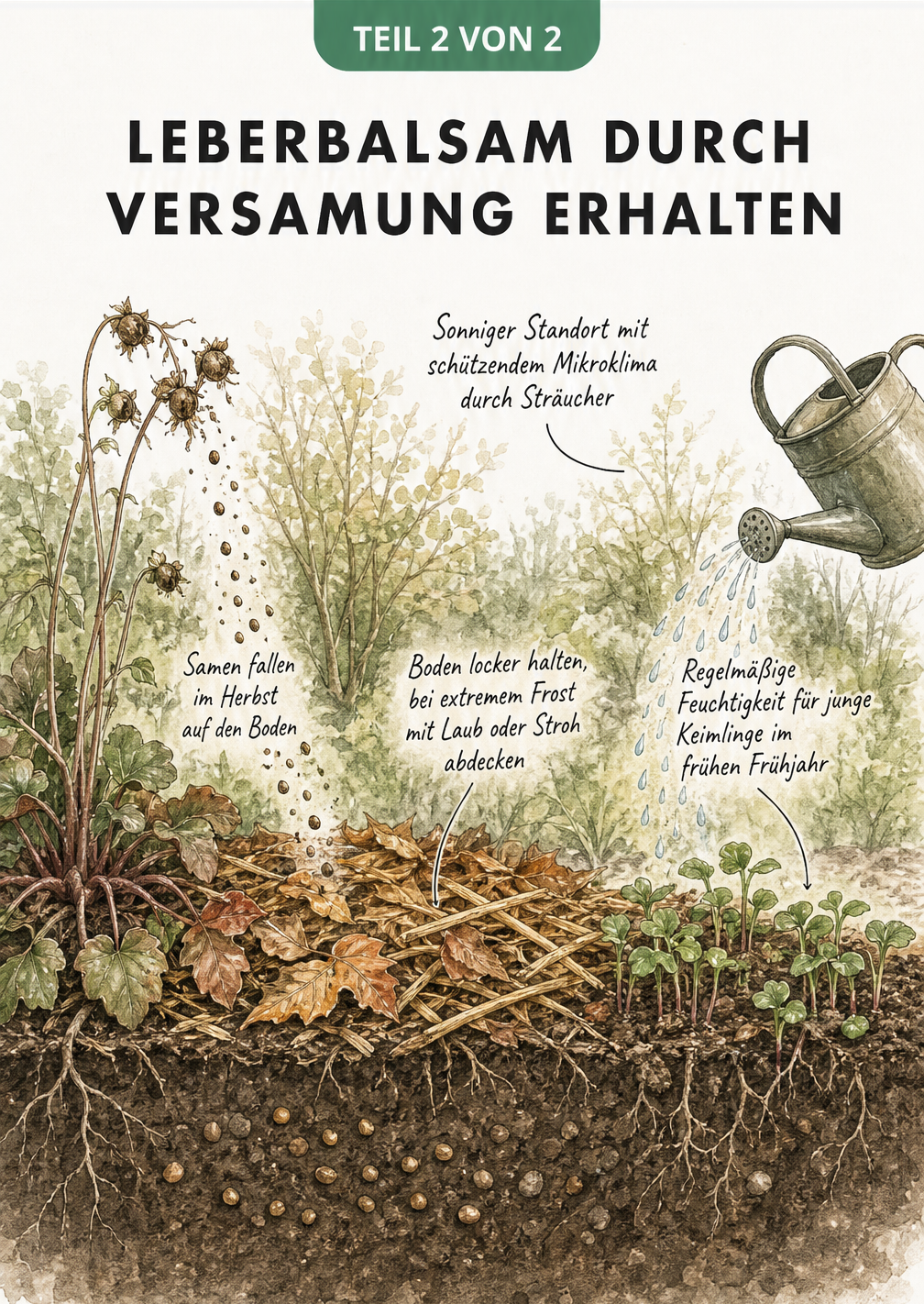Querschnitt eines Gartenbeets, der die natürliche Versamung des Leberbalsams vom Herbst bis zum Frühjahr zeigt.