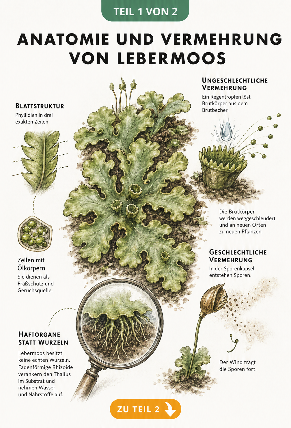 Botanische Illustration von Lebermoos mit Rhizoiden, Brutbechern und Sporenkapseln zur Vermehrung