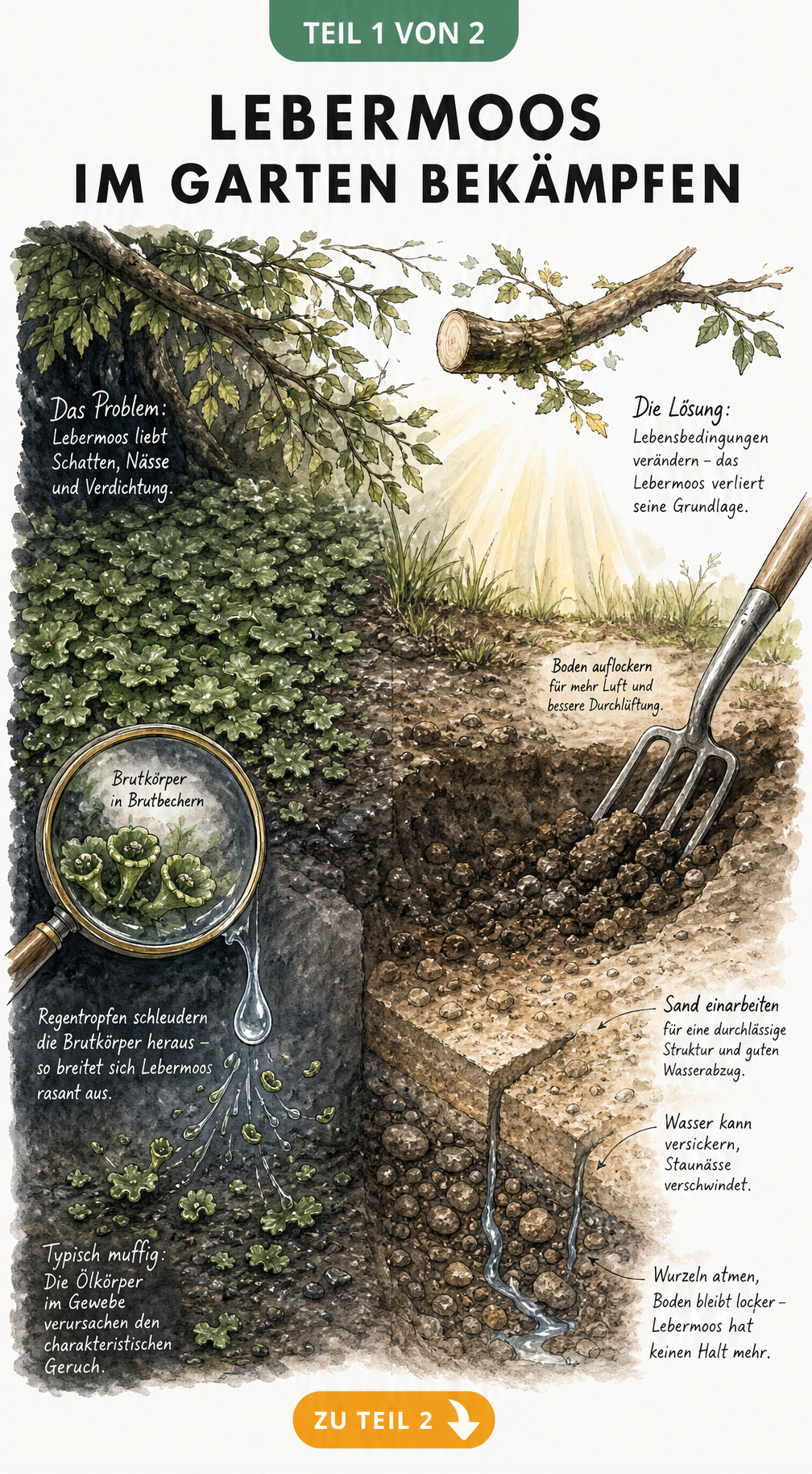 Schnittzeichnung eines Gartenbodens: Links wuchert Lebermoos auf verdichtetem Boden, rechts wird die Erde mit einer Grabegabel gelockert und Sand eingearbeitet.