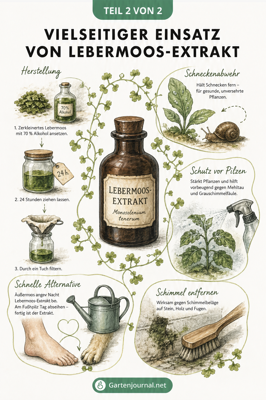 Illustration zur Herstellung und Anwendung von Lebermoos-Extrakt gegen Pilzkrankheiten und Schnecken