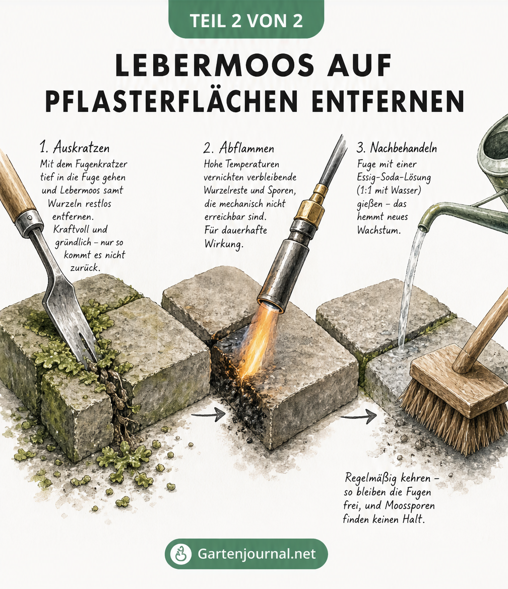 Illustration von Pflastersteinen: Lebermoos wird mechanisch mit einem Fugenkratzer entfernt, Reste werden abgeflammt und die Fugen mit einer Essig-Soda-Lösung...