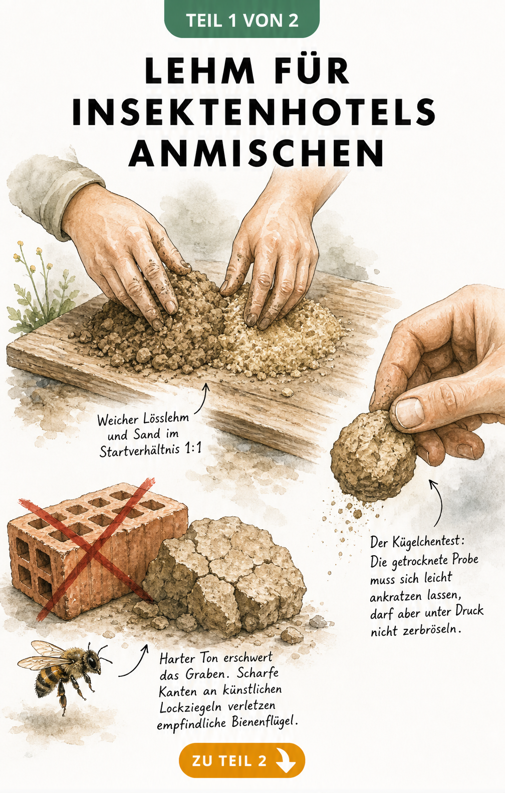 Illustration von Händen, die Lösslehm und Sand mischen, sowie einem Kügelchentest zur Prüfung der Lehmqualität für Insektenhotels.
