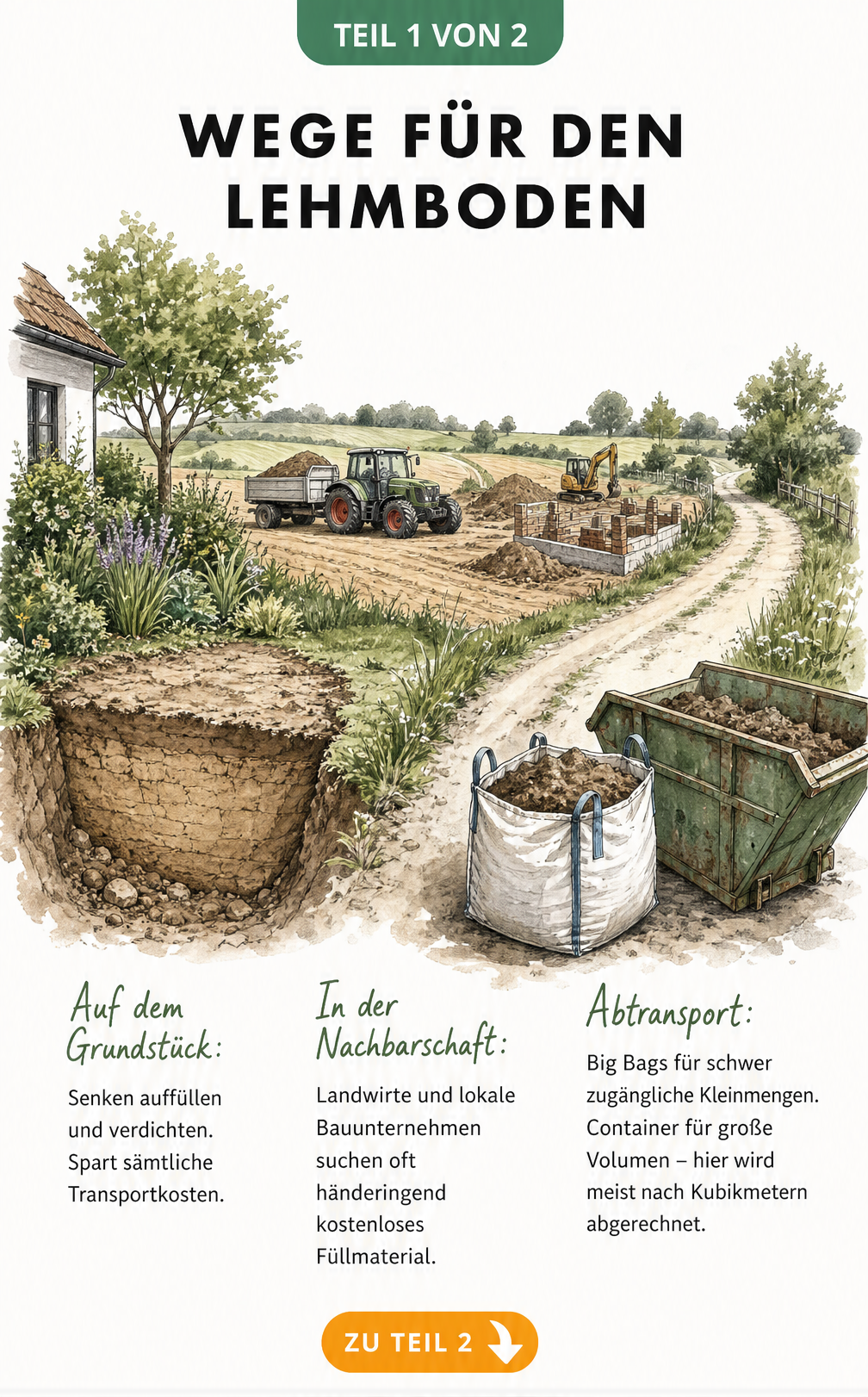 Illustration von drei Wegen zur Entsorgung von Lehmboden: im eigenen Garten, beim Nachbarn oder per Container