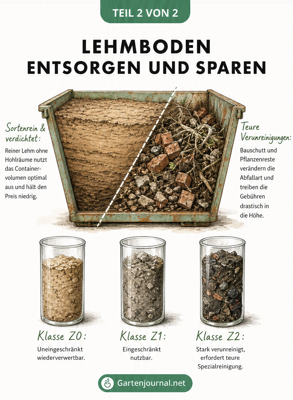Querschnitt eines Containers mit reinem Lehm und verunreinigtem Lehm sowie drei Bodenproben zur Schadstoffklasse