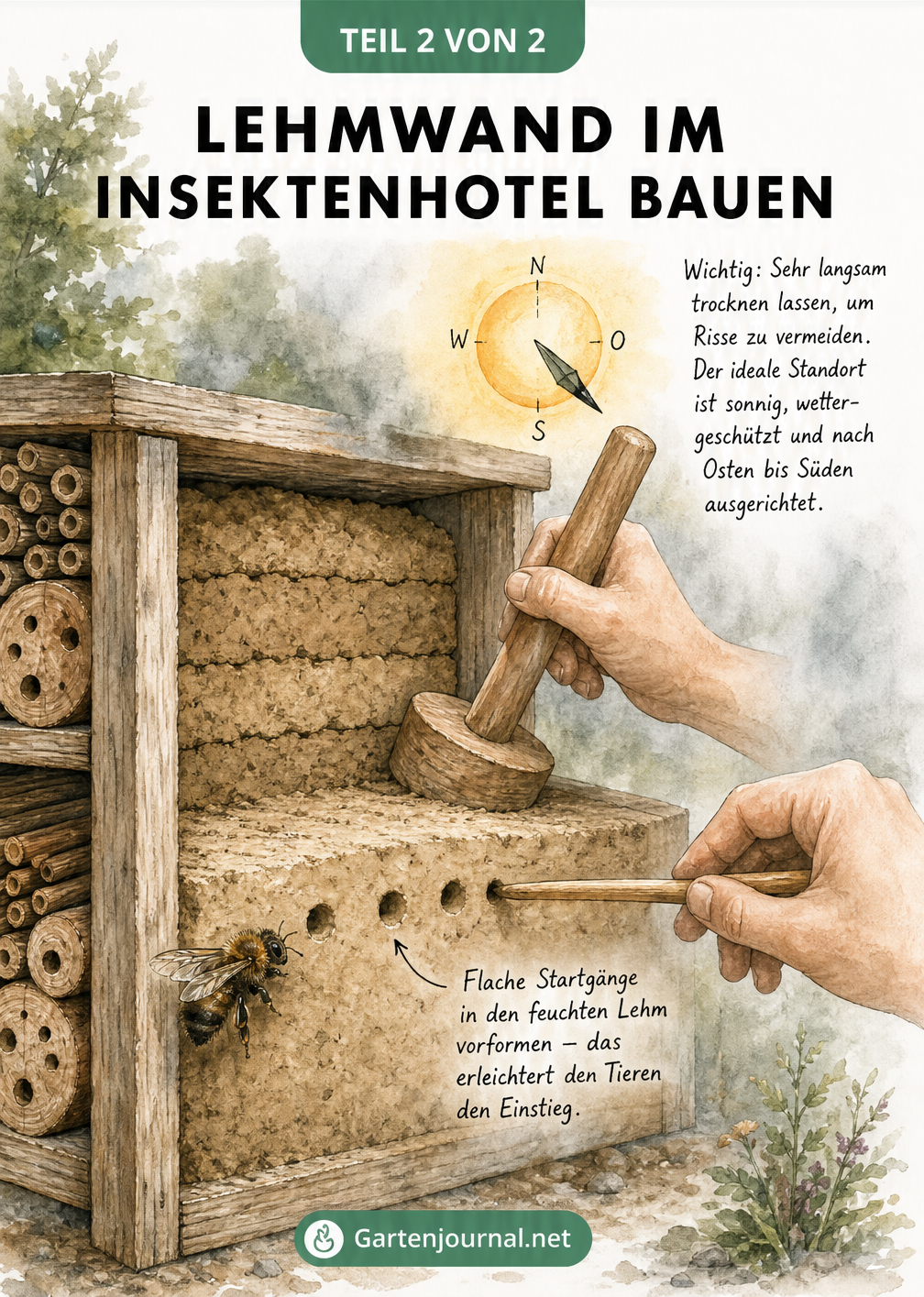Querschnitt eines Insektenhotel-Fachs, in dem Lehmschichten mit einem Holzstampfer verdichtet und Startgänge für Wildbienen vorgeformt werden.