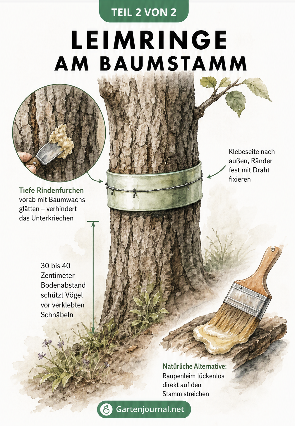 Zeichnung eines Obstbaumstamms mit einem hellgrünen Leimring in 30 bis 40 Zentimeter Höhe und Details zur Rindenglättung.