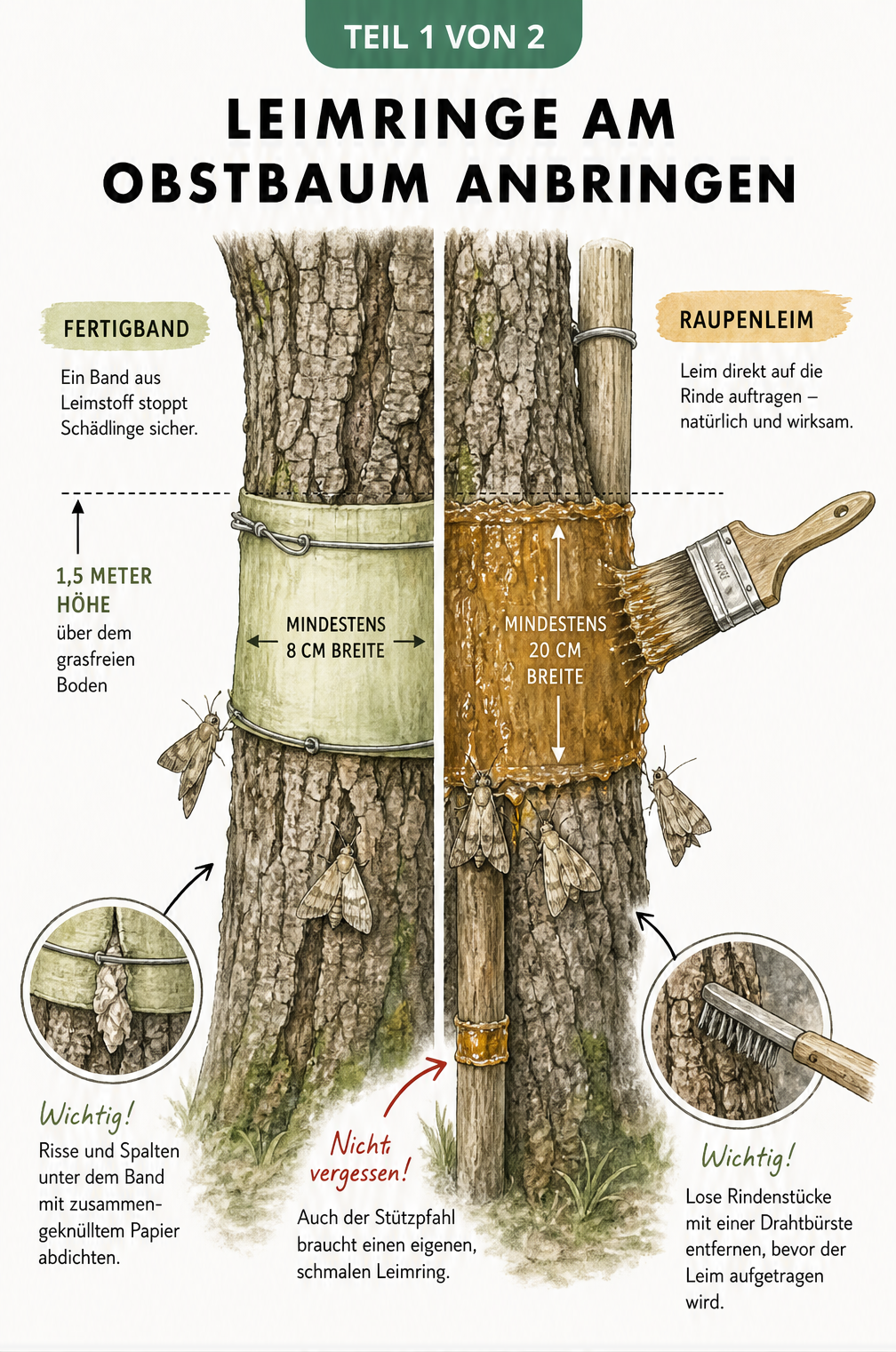 Illustration eines Obstbaumstamms mit zwei Methoden für Leimringe: Fertigband und Raupenleim