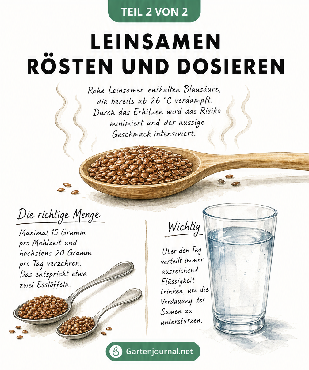 Illustration eines Holzlöffels mit Leinsamen und Angaben zur Dosierung