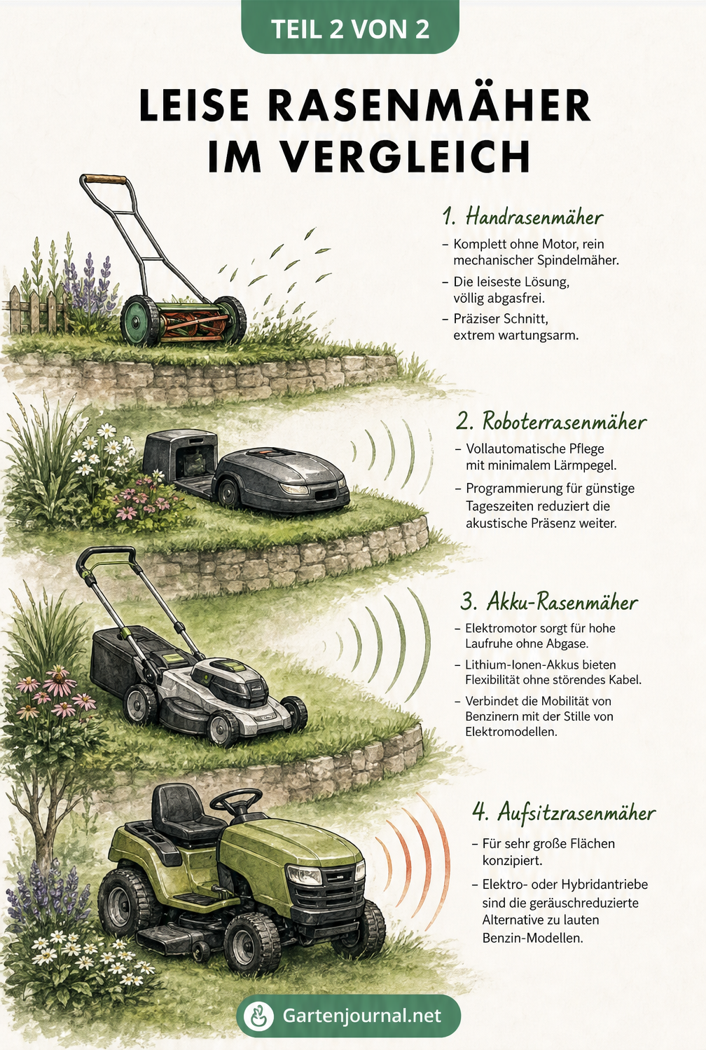 Vergleich verschiedener Rasenmäher-Typen nach Lautstärke: Handrasenmäher, Mähroboter, Akku-Mäher und Aufsitzmäher