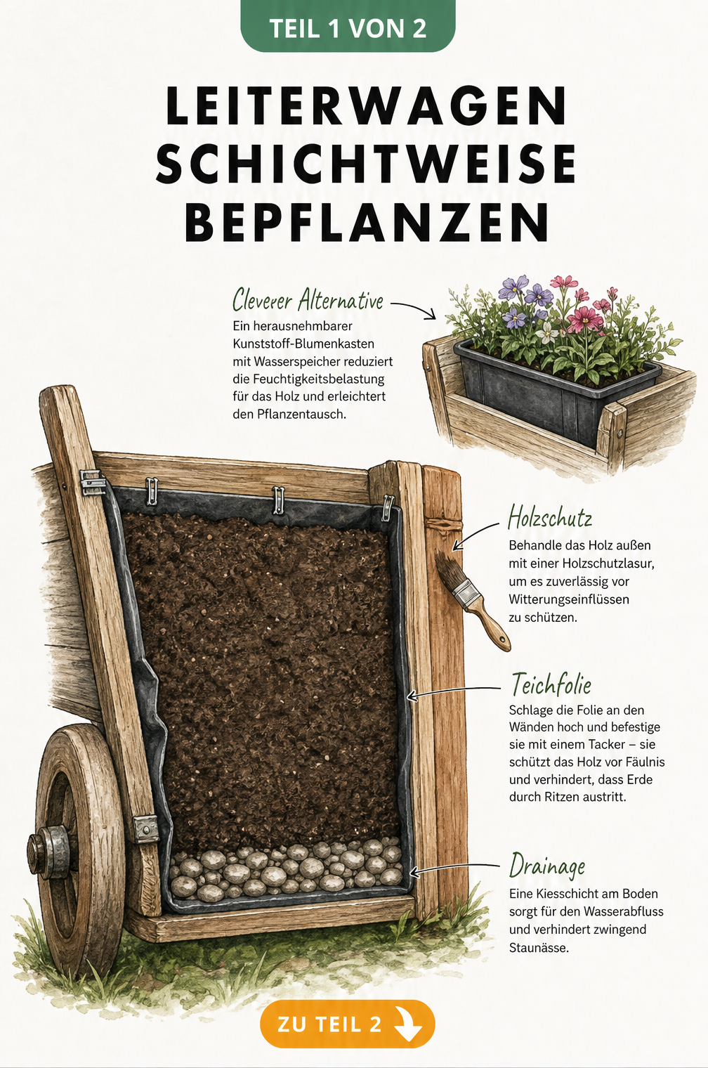 Querschnitt eines hölzernen Leiterwagens mit Drainageschicht aus Kieselsteinen, Teichfolie und Pflanzerde