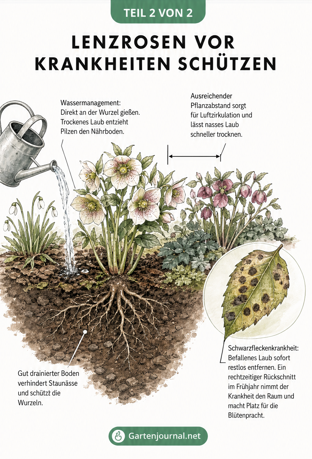 Illustration einer gesunden Lenzrose im Beet mit Hinweisen zu Bodenbeschaffenheit, Gießverhalten und Pflanzabstand zur Vorbeugung von Krankheiten.