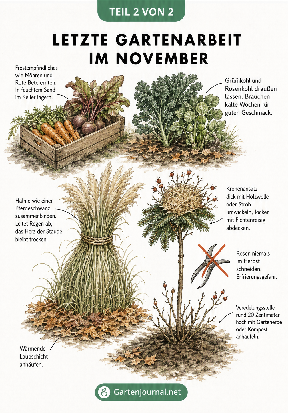 Illustration von Gartenarbeiten im Spätherbst: Gemüseernte, Pampasgras zusammenbinden und Rosen anhäufeln