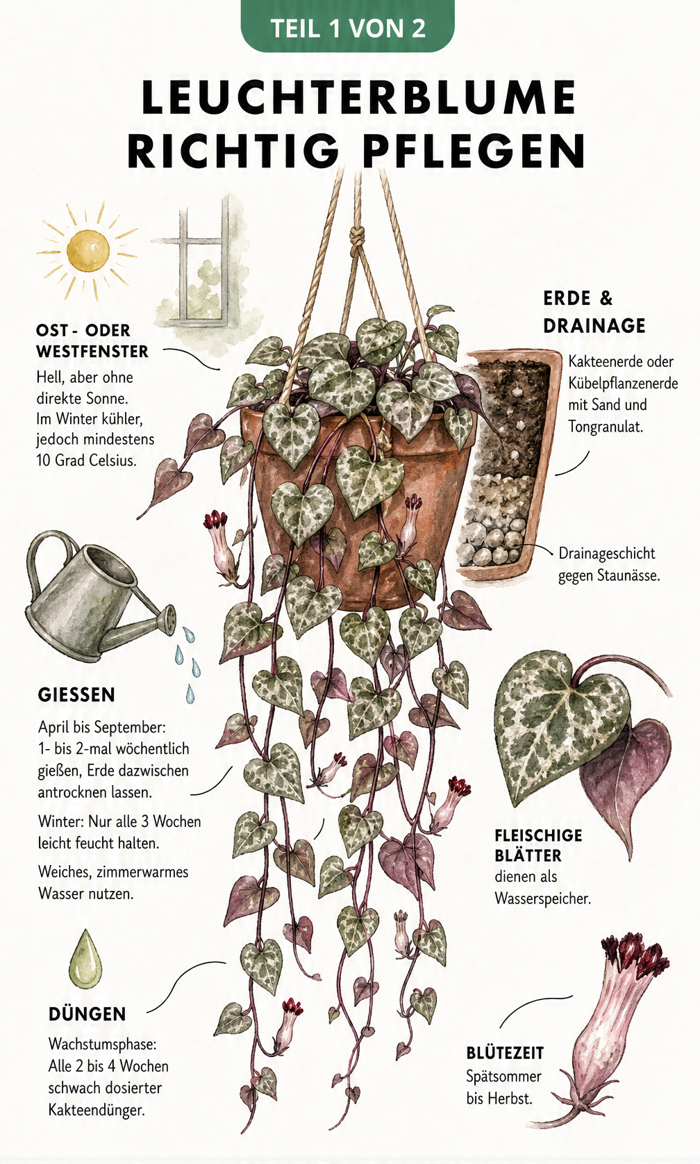 Illustration einer Leuchterblume im Terrakotta-Topf mit Pflegehinweisen zu Standort, Gießen und Düngen