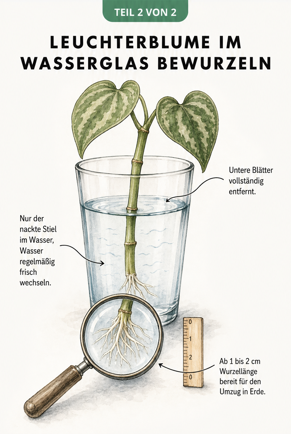 Aquarell-Zeichnung eines Leuchterblumen-Stecklings, der in einem Wasserglas bewurzelt