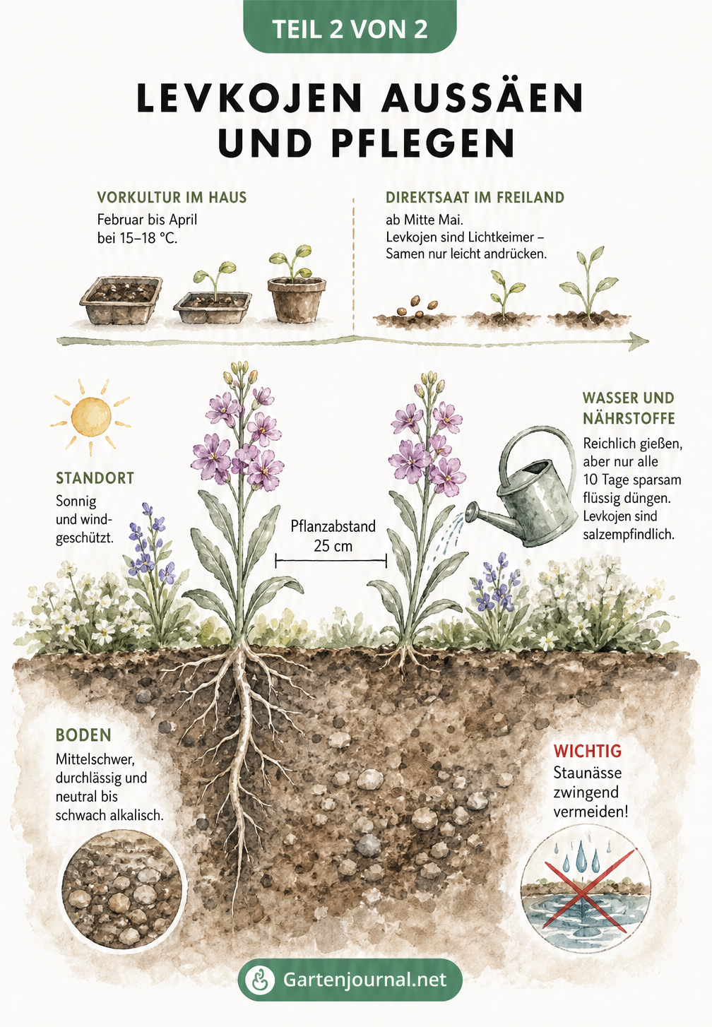 Querschnitt eines Gartenbeets mit Levkojen, Zeitstrahl zur Aussaat und Pflegetipps
