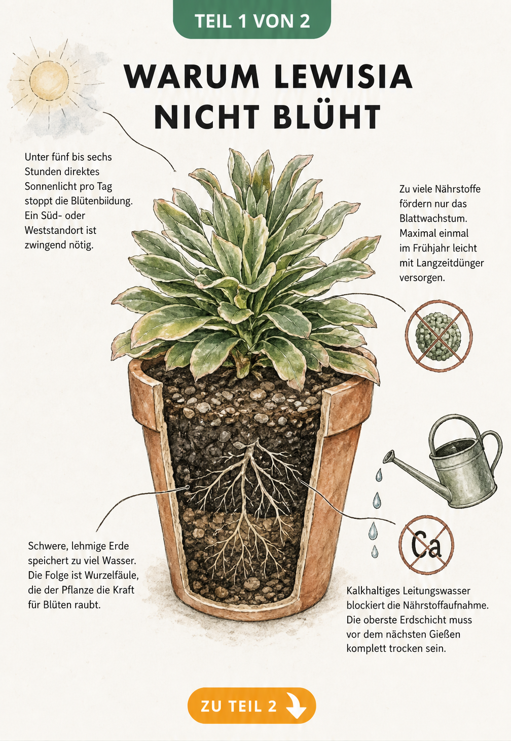 Botanische Illustration einer Lewisia im Querschnitt, die Ursachen für fehlende Blüten wie Lichtmangel, Überdüngung, schwere Erde und kalkhaltiges Wasser zeigt