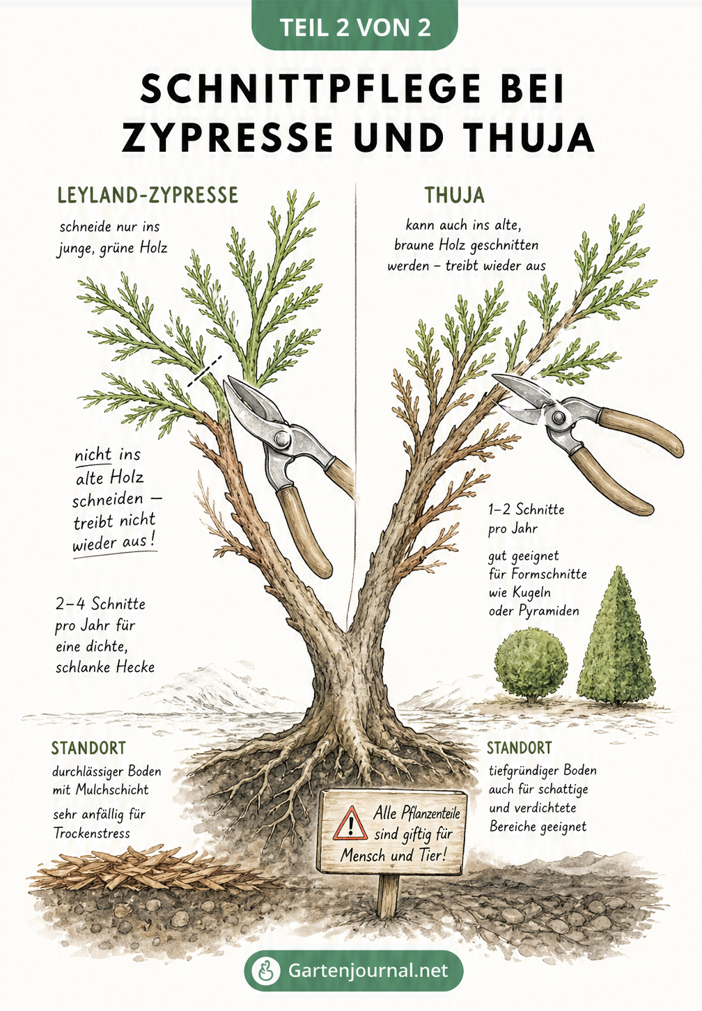 Illustration zum richtigen Schnitt von Leyland-Zypresse und Thuja, die zeigt, wo die Gartenschere bei altem und neuem Holz angesetzt werden darf