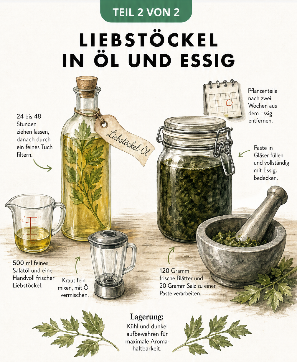 Illustration zur Herstellung von Liebstöckelöl und Liebstöckelessig mit Zutaten und Zubereitungsschritten