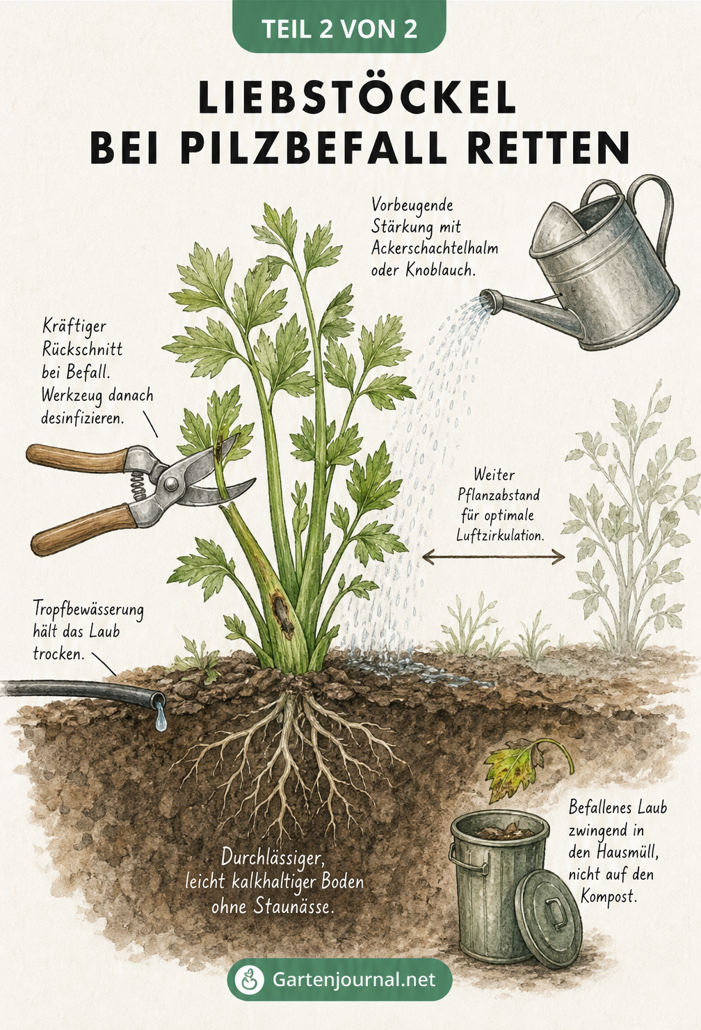 Querschnitt eines Gartenbeets mit Liebstöckel, der Maßnahmen zur Vorbeugung und Behandlung von Pilzbefall zeigt